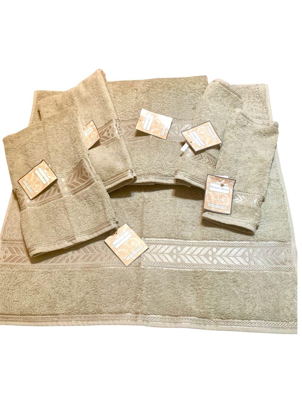Wellesley Manor Luxury 100% Cotton Embellished Towels Taupe Tan 6-Piece Set NWT